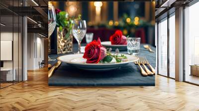 A table setting with a black tablecloth, gold silverware, and a white plate with a red rose on it. Modern Luxurious fine dining table setting elegant invitation card mockup Wall mural