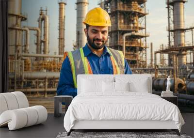 Arabian engineer man wearing a safety vest and a yellow helmet is holding a tablet against the backdrop of an oil plant. He is smiling and he is enjoying his work Wall mural