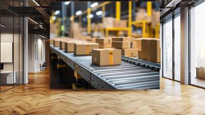 Close-up of multiple cardboard box packages on conveyor belt in busy warehouse setting Wall mural