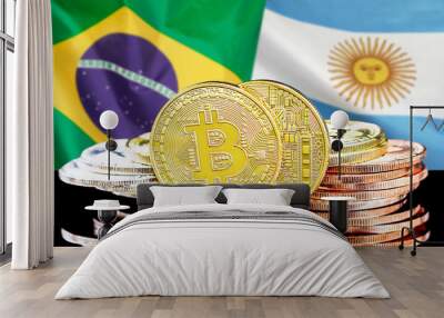 Concept for investors in cryptocurrency and Blockchain technology in the Brazil and Argentina. Bitcoins on the background of the flag Brazil and Argentina. Wall mural