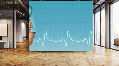 Female doctor or nurse with stethoscope in the hands and ecg line on medical green background. Medical web sites with copy space. Health care banner. Wall mural