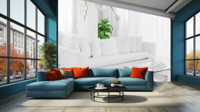 Interior of the living room of the hotel. Beautiful living room with white sofa. White Concept Living Room Interior. Modern bed room interior in Luxury villa. White colours, big window Wall mural