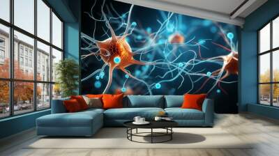 Microscopic examination of blue neuron in laboratory setting for neuroscience research study Wall mural