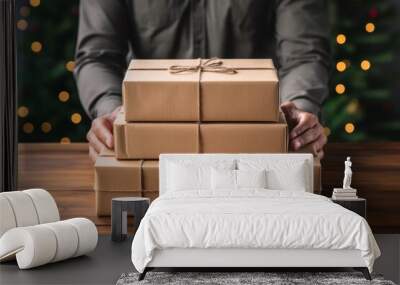 Parcel delivery - parcels wrapped in brown paper on table ready for shipment and mail service Wall mural