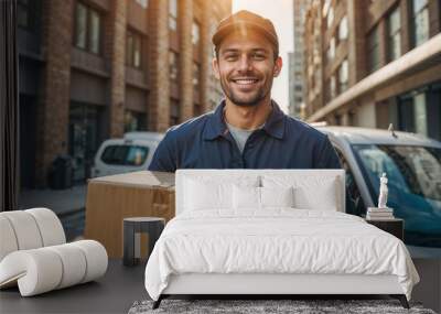 Portrait of delivery man in a blue shirt is smiling and holding a box. He is standing next to a delivery truck Wall mural