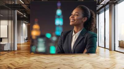 Portrait of happy African American businesswoman in night city with copy space Wall mural