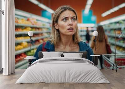 Portrait of woman shocked by prices in a supermarket. Shop window in the background. She is surprised or shocked by something she has seen Wall mural