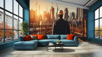 Professional engineer supervising urban bridge construction and infrastructure development Wall mural