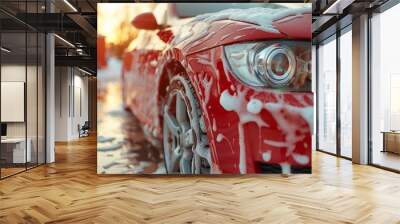 Professional red car wash with shampoo foam and water splashes, auto detailing service Wall mural