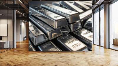 Row of silver bars. The silver bars are stacked on top of each other. Investment concept Wall mural