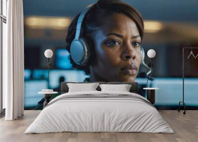 Serious African female military surveillance officer in headset working in the central army office for cyber operations, army call center. Technology and Army communications Wall mural