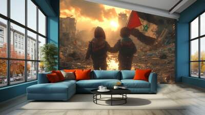 Two children with a flag in the middle of a city at war Wall mural