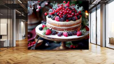 Christmas Layered cake decorated with berries, strawberries, raspberries on top and fresh leaves, pine cones decoration for Christmas Wall mural