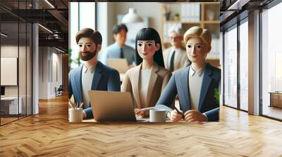 un conjunto de empresarios dos hombres y una mujer trabajando en una mesa con un portátil de frente sonriendo mirando al frente con más trabajadores de fondo en luz natural en un ambiente agradable Wall mural