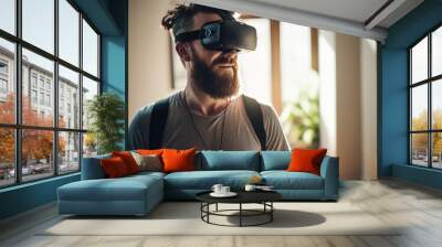 A gamer immersed in a virtual reality game, wearing a sleek VR headset and gloves, surrounded by advanced technology in a futuristic setting, engrossed in gameplay with intense focus. Wall mural