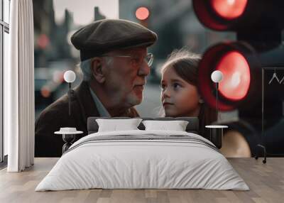 Grandpa spending time with his granddaughter. Family concept. Generative AI illustrations Wall mural