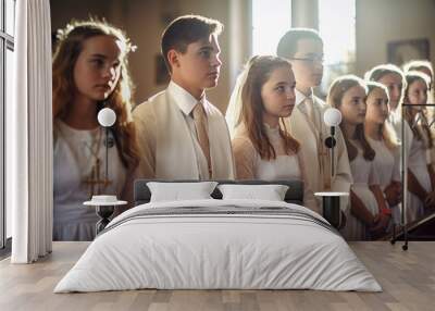 Holy church confirmation ceremony with young stylish teenagers in a church Wall mural