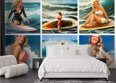 Vintage surfer girl collage Wall mural