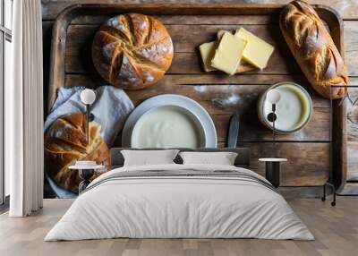 Fresh bread lying on an old wooden table Wall mural