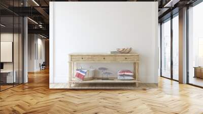 Console table near empty white wall. 3d render. Wall mural