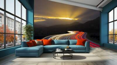 Sunset with car lights on highway Wall mural