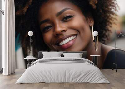 African American woman with a beautiful smile and perfect white teeth. Closeup portrait. Wall mural