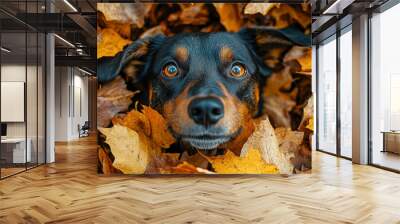 Dog face peeking out from a pile of autumn leaves Wall mural