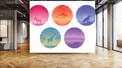 Circular gradient illustration collection with animal silhouette. Wall mural