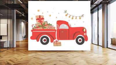 Christmas truck. Vintage vector illustration Christmas red truck with presents. Wall mural