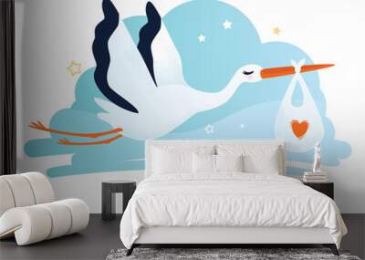 Vector illustration of a stork carrying a baby in a bag Wall mural