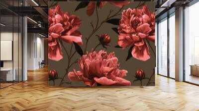 Floral seamless pattern with lush peonies. Botanical wallpaper. Luxurious floral background. Realistic flowers hand drawn 3d illustration. Great for wallpaper design, fabric, gift paper, clothing Wall mural