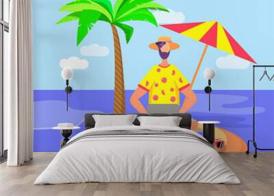 Freelance work web concept. Man freelancer working on laptop relaxing on beach. Remote worker. Template of people scene. Vector illustration Passive income - grown man on holiday with money raining Wall mural