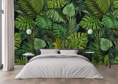 Green seamless tropical wallpaper. Pattern with tropical leaves of monstera, palm, banana. Dark plant background. Great for fabric, wallpaper, paper design Wall mural