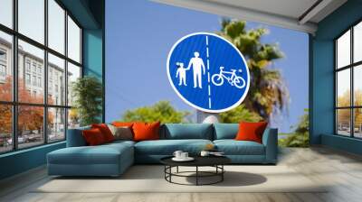 Pedestrian and bicycle road sign in the city Wall mural