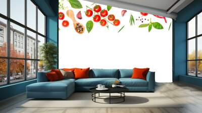 Fresh cherry tomatos basil garlic and spices isolated on transparent background bannerpng. Wall mural