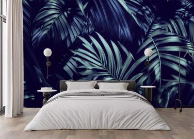 Tropical exotic palm leaves dark blue green gradient banner background wallpaper design.Floral frame.Jungle surface.Botanical greenery illustration.Card template.Decoration element. Night landscape.  Wall mural