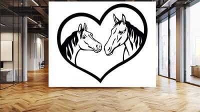 Two black vector horses heads faces outline silhouette drawing in heart frame shape on white background.I love horse sign icon.T shirt print.Laser Cut.Plotter Cutting.Vinyl wall sticker decal. Wall mural