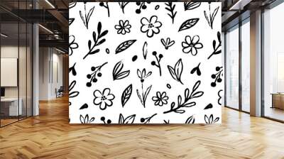 Abstract flower doodle brush seamless pattern. Sketch hand drawn spring floral plant, nature graphic leaf, scribble grunge brush texture black and white ink seamless pattern. Vector illustration Wall mural