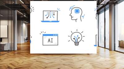 Artificial ai brain icon. Ai machine digital robot hand drawn doodle line icon. Artificial brain algorithm machine science concept. Hand drawn sketch style cute blue line. Vector illustration Wall mural