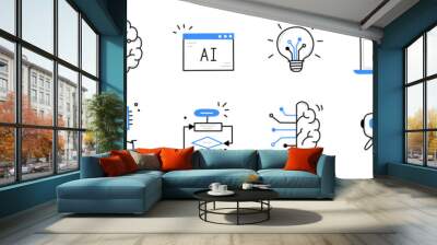 Artificial ai brain icon. Ai machine digital robot hand drawn doodle line icon. Artificial brain algorithm machine science concept. Hand drawn sketch style cute blue line. Vector illustration Wall mural