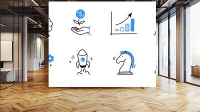 Business idea, startup doodle line icon set. Hand drawn doodle sketch line style business strategy, finance goal, startup idea concept. Rocket, target, brain cute element. Vector illustration Wall mural