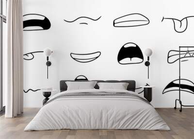 Cartoon mouth smile, happy, sad expression set. Hand drawn doodle mouth, tongue caricature emoji icon. Funny comic doodle style. Vector illustration. Wall mural