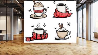 Christmas hot drink set of winter coffee, tea. Hand drawn sketch style. Drink cup, mug with winter scarf. Vector illustration. Wall mural