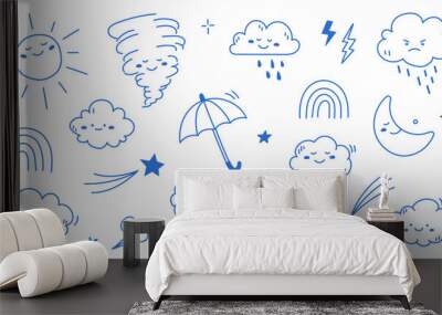 Cloud rain weather cartoon cute set. Cloud, sun, moon weather character with smile and angry face. Hand drawn doodle sketch style. Rainbow, wind, tornado doodle character. Vector illustration. Wall mural