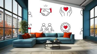 Community trust hand, social heart doodle line icon. Charity community, partnership care, people solidarity help concept icon set. Hand drawn doodle sketch style line. Vector illustration Wall mural