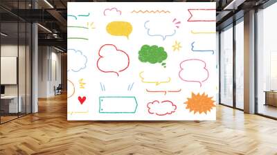 Cute crayon frame speech bubble set. Crayon chalk background speech bubble frame. Hand drawn chalk pencil dialog balloon, children color doodle text cloud. Vector illustration Wall mural