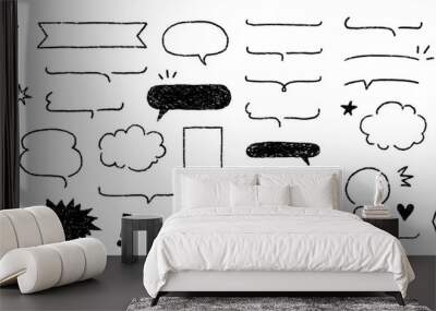 Cute crayon frame speech bubble set. Crayon chalk background speech bubble frame. Hand drawn chalk pencil dialog balloon, japan handwriting doodle text cloud. Vector illustration Wall mural