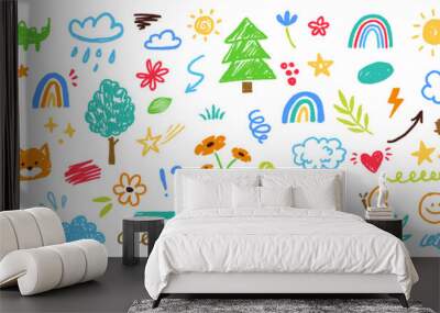 Cute kid flower, cloud, summer illustration. Hand drawn doodle sketch children cute vector school chalk background. Kids doodle crayon style line flower, cloud doodle pattern. Vector illustration Wall mural