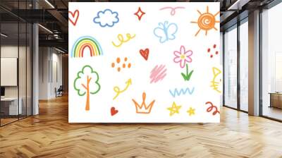 Cute kid scribble line flower, heart. rainbow background. Hand drawn doodle sketch childish element set. Flower, heart, cloud children draw style design elements background. Vector illustration Wall mural