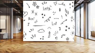 Doodle cute glitter pen line elements. Doodle heart, arrow, star, sparkle decoration symbol set icon. Simple sketch line style emphasis, attention, pattern elements. Vector illustration. Wall mural